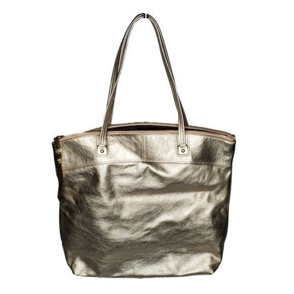 AUTHENTIC COACH Platinum/Gold Crossgrain Leather City Zip Tote Handbag Shoulder - Picture 2 of 5